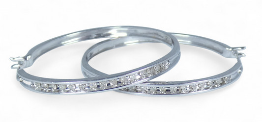 Pair of Large Solid 9ct White Gold & Diamond Cluster 33mm Hoop Earrings Set 375