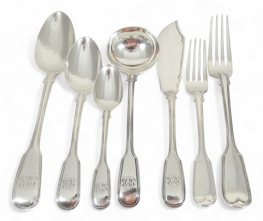 Antique Victorian 1843 48pc 10pl Sterling Silver Cutlery Set Fiddle & Thread CL