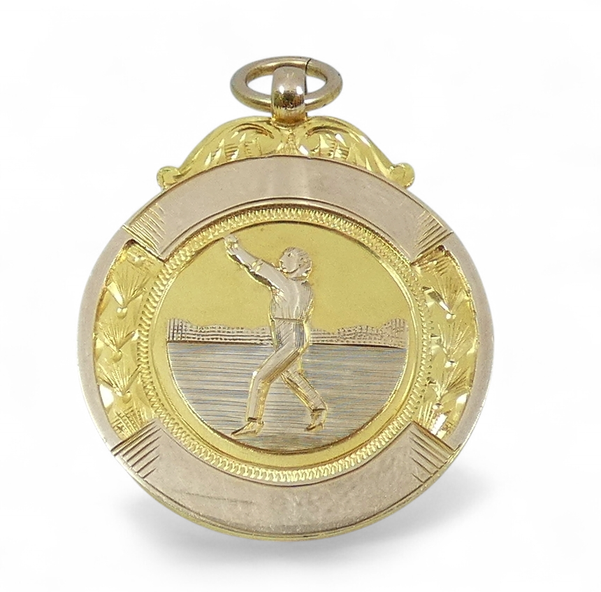Antique 1927 Australian Solid 9ct Yellow Rose Gold Cricket Award Medal Pendant