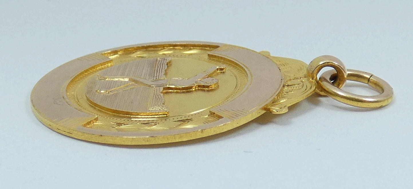 Antique 1927 Australian Solid 9ct Yellow Rose Gold Cricket Award Medal Pendant