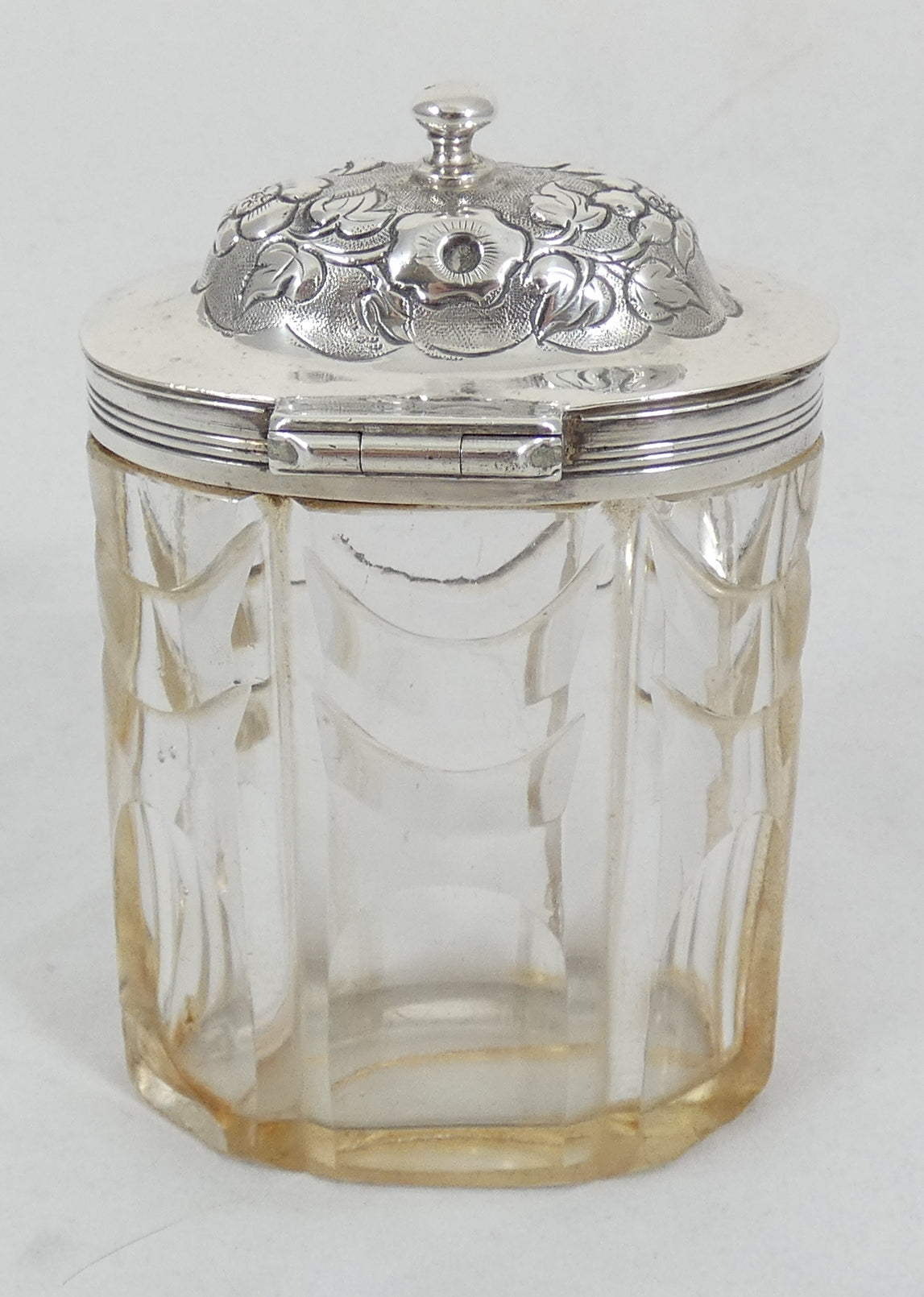 Antique Georgian 1837 Sterling Silver Cut Glass Mustard Pot Cruet Bottle Jar AF