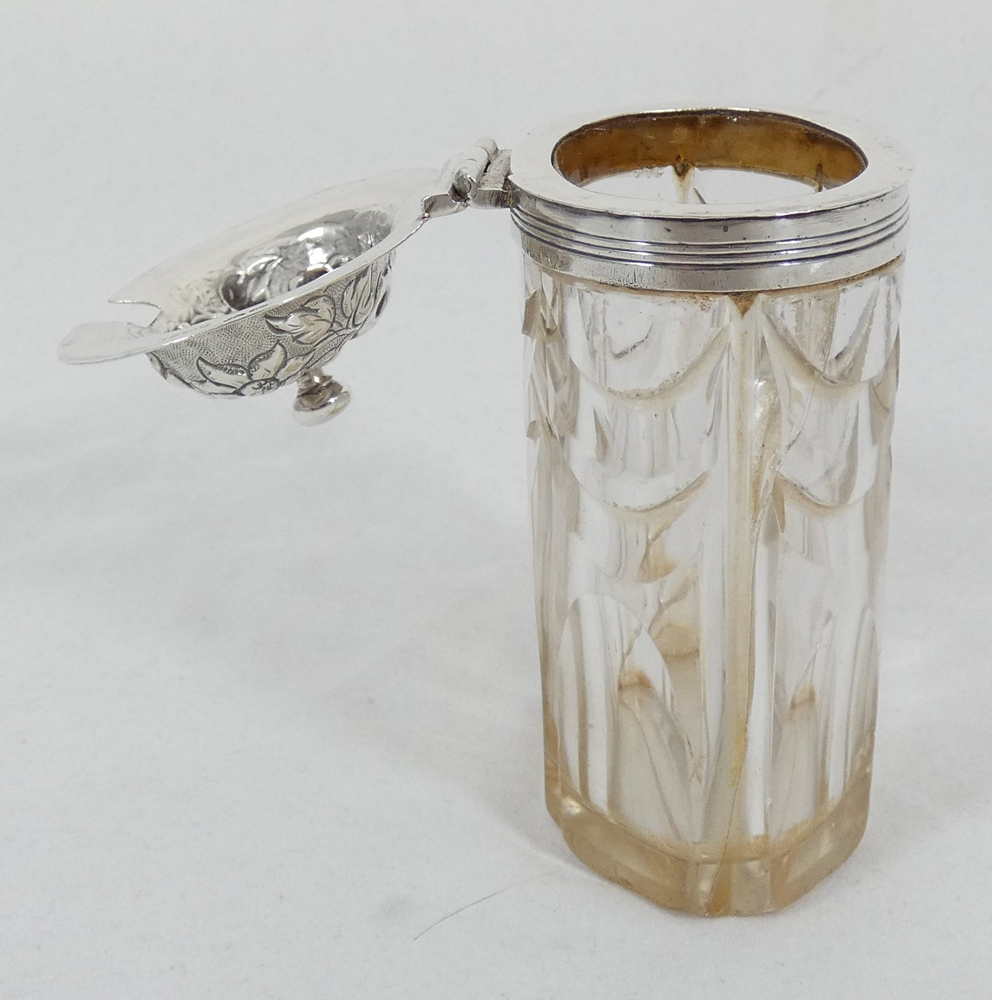 Antique Georgian 1837 Sterling Silver Cut Glass Mustard Pot Cruet Bottle Jar AF