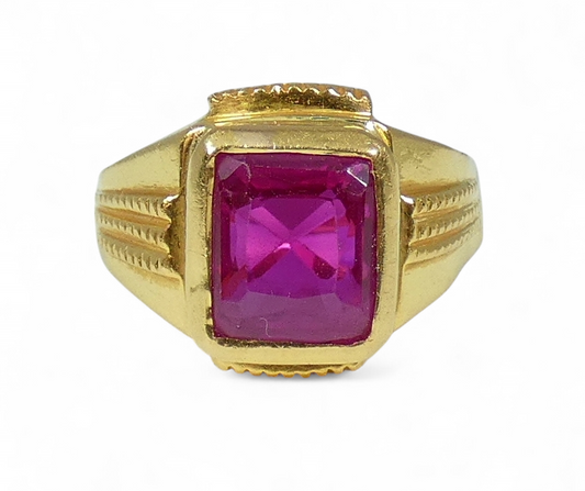 Solid 22ct Yellow Gold Pink Ruby Spinel Signet Unisex Solitaire Ring Size 9 R 59