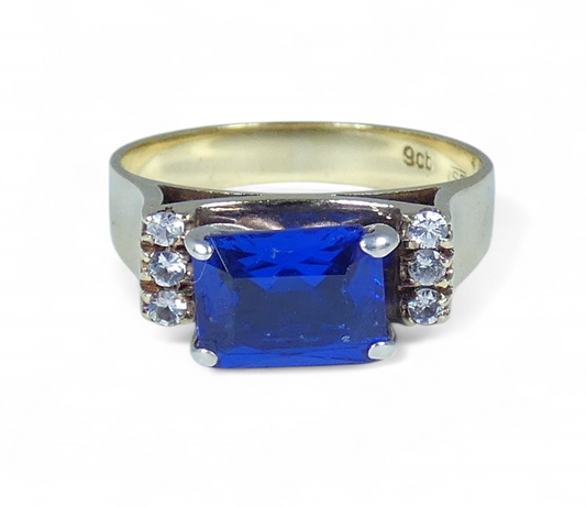 Vintage Solid 9ct Yellow Gold Blue Spinel Cocktail Dress Ring Size 7.5 O 55 375