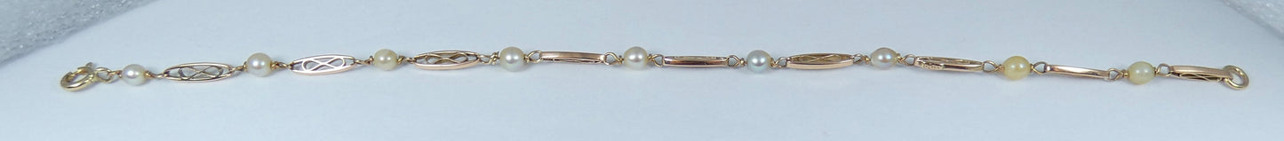 Antique Vintage Solid 9ct Yellow Gold & Pearl 20cm 8" Panel Link Bracelet Chain