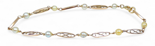 Antique Vintage Solid 9ct Yellow Gold & Pearl 20cm 8" Panel Link Bracelet Chain
