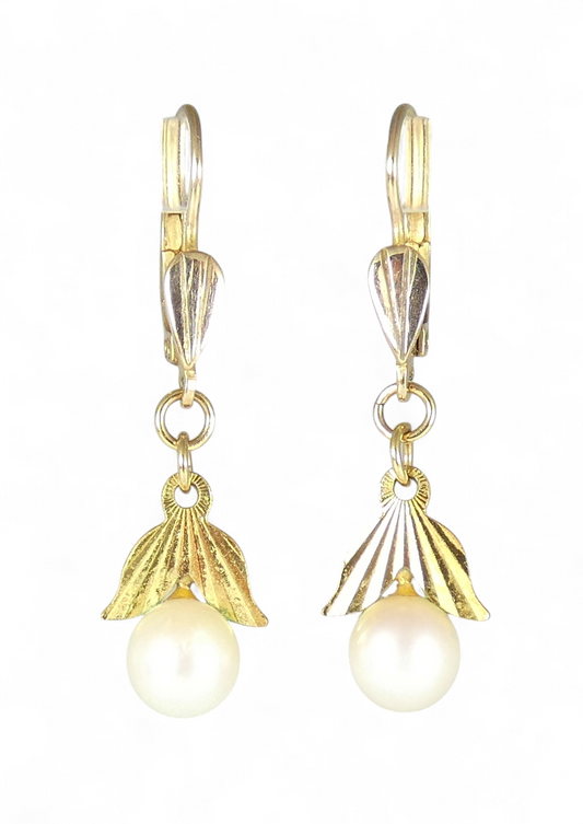 Vintage Pair of Solid 9ct Yellow Gold & 6mm Pearl 33mm Lever Back Drop Earrings