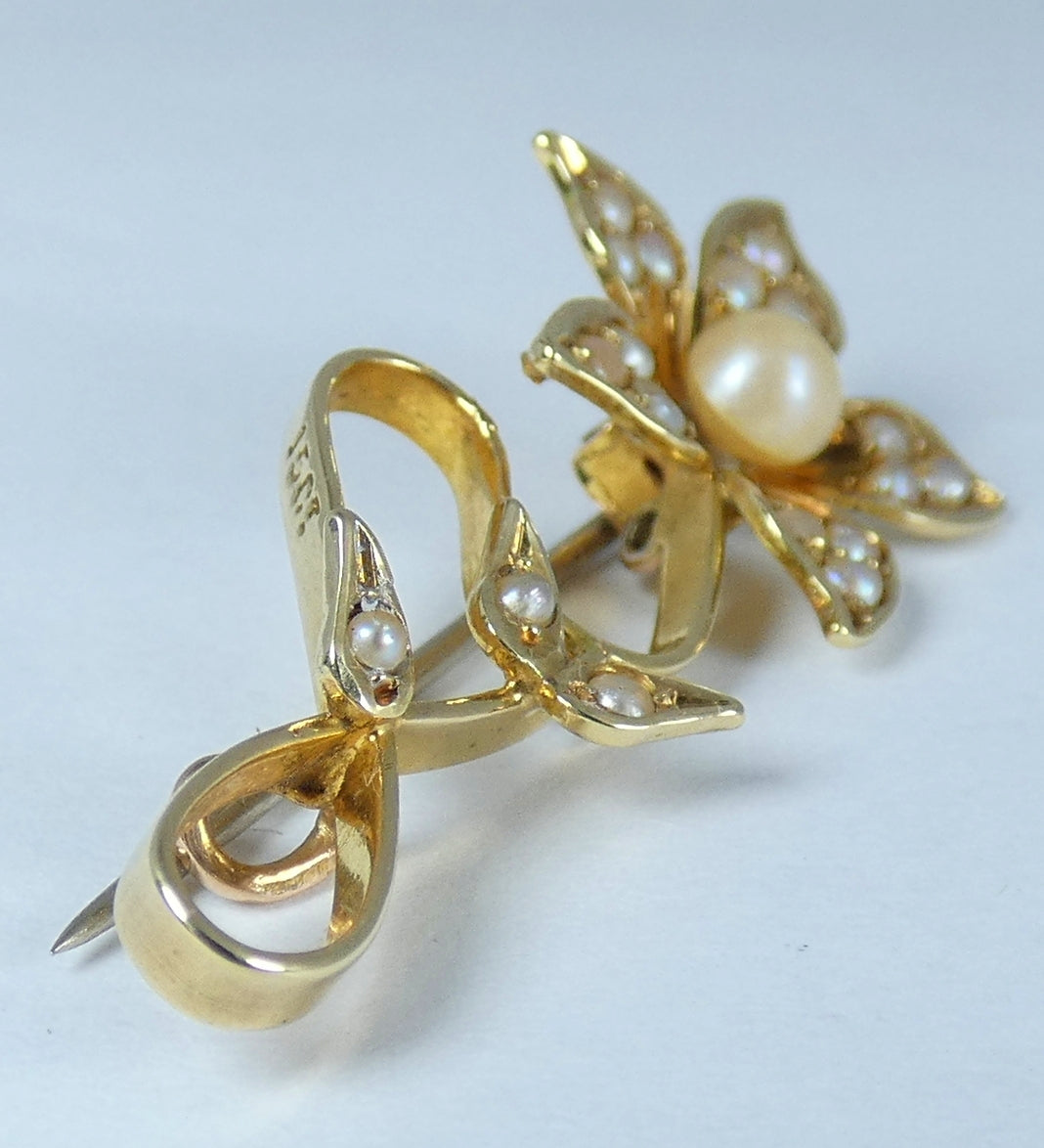 Antique Art Deco Solid 15ct Yellow Gold & Seed Pearl Cluster Flower Brooch Pin