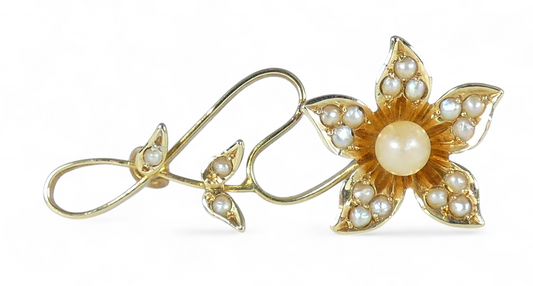 Antique Art Deco Solid 15ct Yellow Gold & Seed Pearl Cluster Flower Brooch Pin