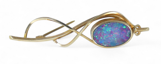 Vintage Australian Solid 9ct Yellow Gold Black Opal 54mm Bar Brooch Pin Organic