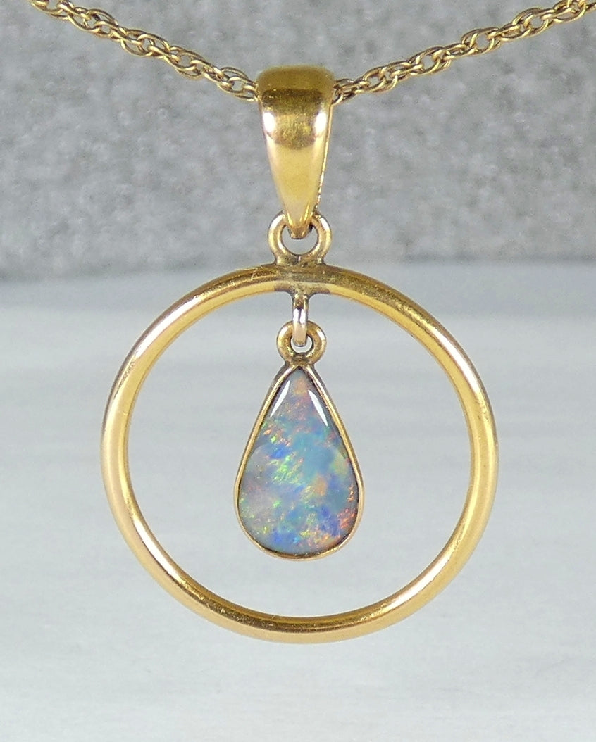 Vintage Solid 14ct Yellow Gold Double Sided Teardrop Pear Opal Necklace Pendant