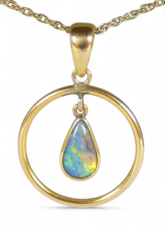 Vintage Solid 14ct Yellow Gold Double Sided Teardrop Pear Opal Necklace Pendant