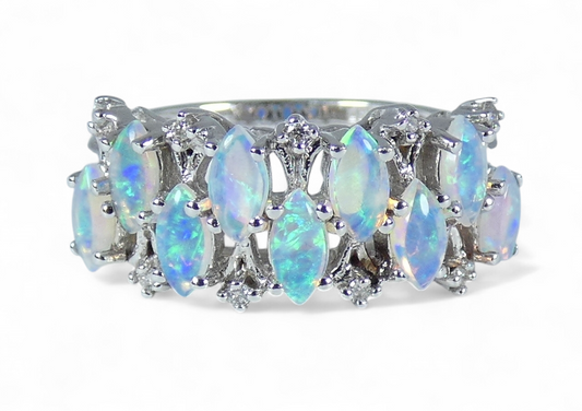 Australian Solid 14ct White Gold Crystal Opal Diamond Cluster Ring Size 7 N 54