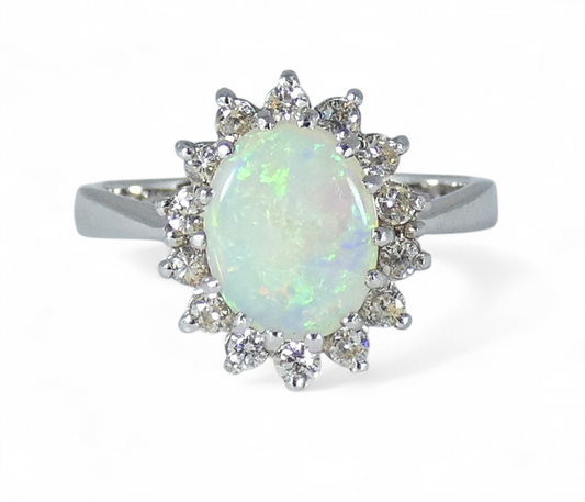 Vintage English 18ct White Gold Solid Opal Cluster Flower Ring Size 7.5 O 55 750