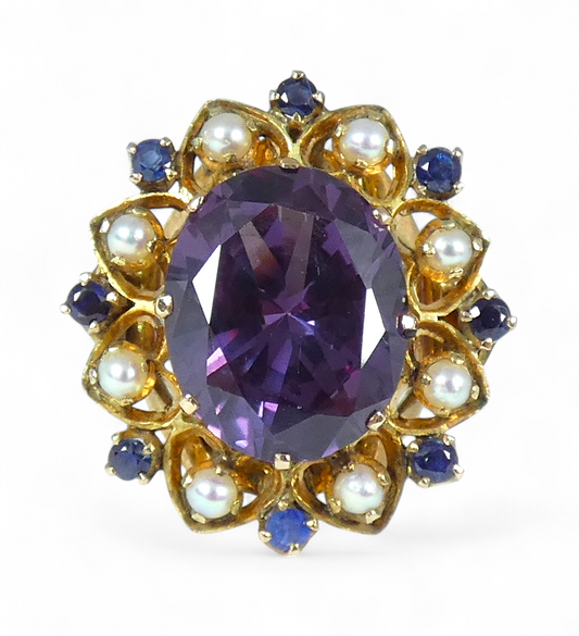Solid 9ct Yellow Gold Alexandrite Pearl Amethyst Cluster Cocktail Ring 5.5 K 50
