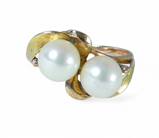 Vintage Solid 9ct Yellow Gold 6.5mm Twin Cultured Pearl Dress Ring Size 6.5 M 52