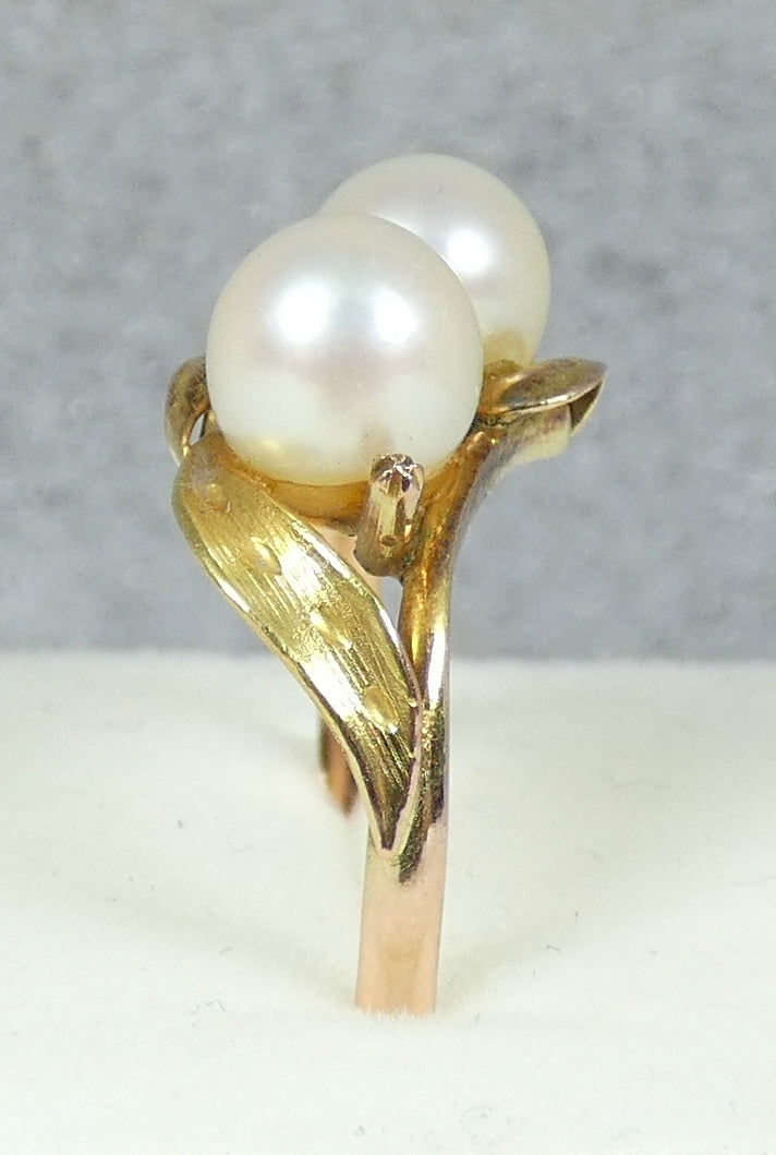 Vintage Solid 9ct Yellow Gold 6.5mm Twin Cultured Pearl Dress Ring Size 6.5 M 52