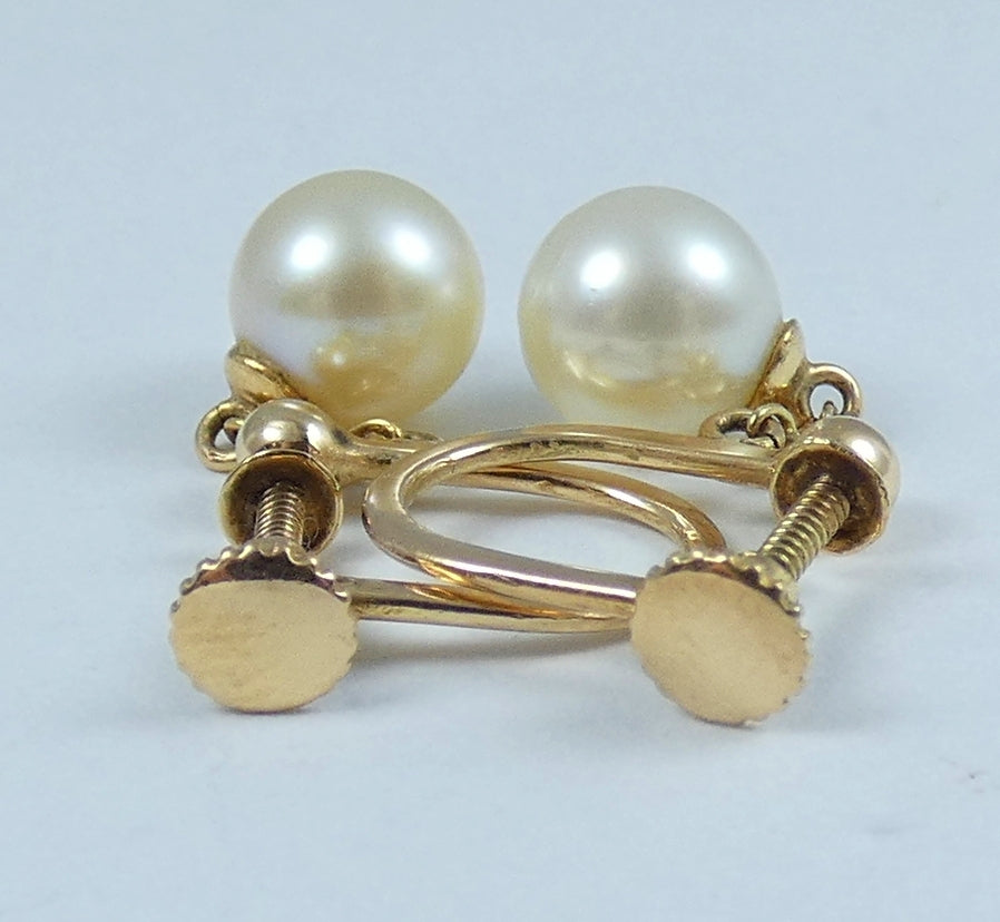 Vintage Set of Solid 9ct Yellow Gold 7mm Pearl French Screw Back Earrings Dangle