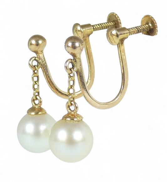 Vintage Set of Solid 9ct Yellow Gold 7mm Pearl French Screw Back Earrings Dangle