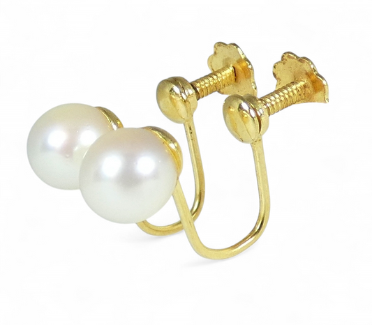 Vintage Set of Solid 9ct Yellow Gold 6.5mm Pearl French Screw Back Earrings Pair