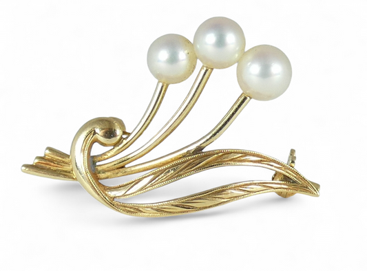 Vintage Solid 14ct Yellow Gold Mikimoto Triple Cultured Pearl Bar Brooch Pin 14k