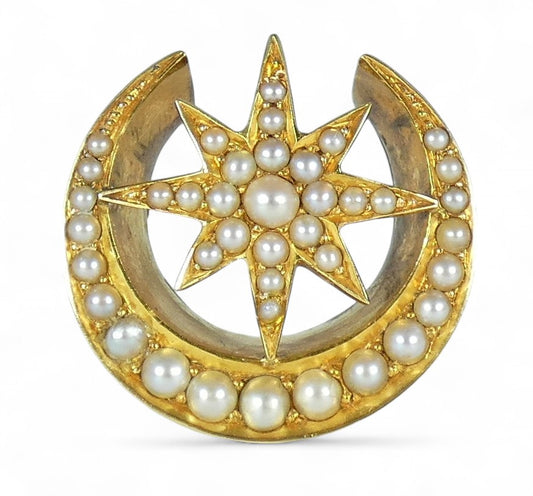 Antique Victorian 1880 Solid 9ct Yellow Gold Pearl Star Crescent Moon Brooch Pin