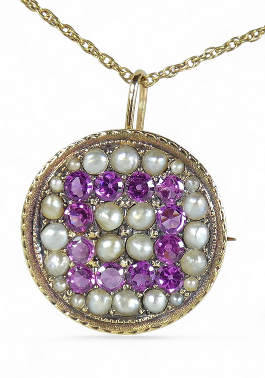 Antique Victorian 1890 Solid 15ct Yellow Gold Purple Garnet Pearl Pendant Brooch