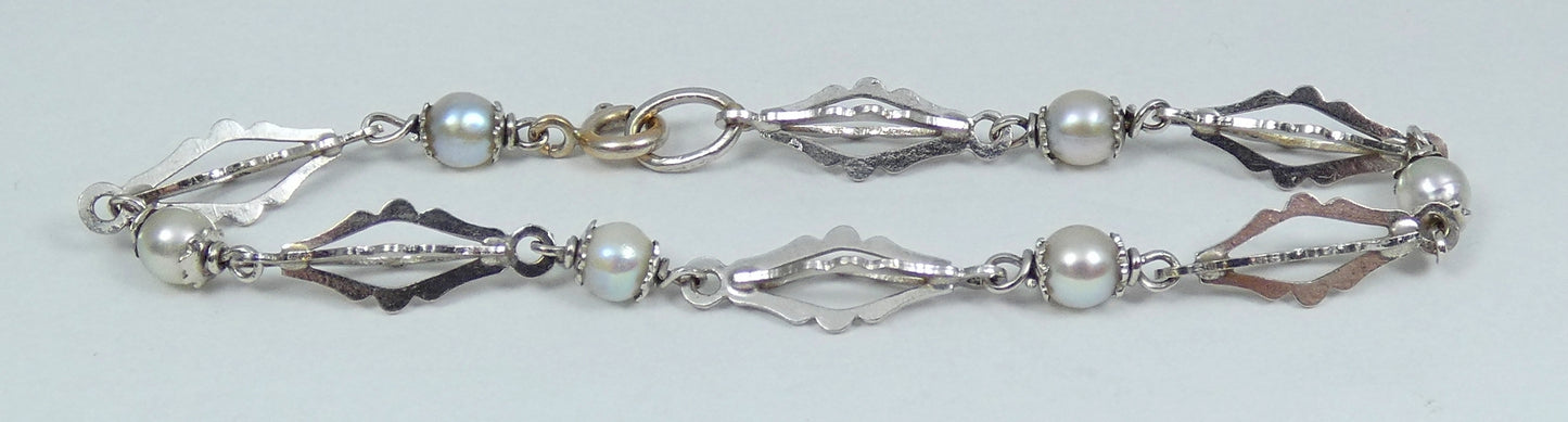 Vintage Solid 18ct White Gold 17.5cm 6.5" Natural Pearl Snowflake Chain Bracelet
