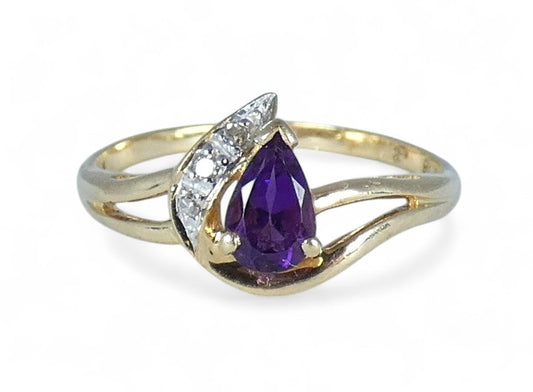 Solid 9ct Yellow Gold Pear Cut Purple Amethyst Diamond Dress Ring Size 6.5 M 52