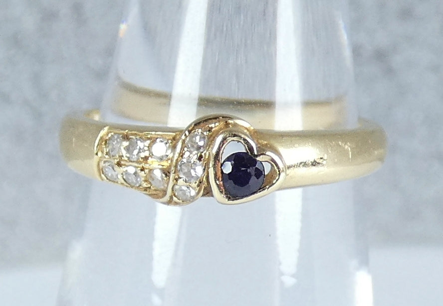 Solid 14ct Yellow Gold Blue Sapphire Diamond Love Heart Dress Ring Size 4.5 I 48