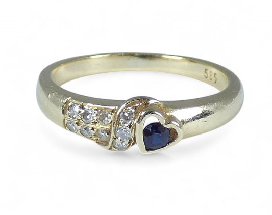 Solid 14ct Yellow Gold Blue Sapphire Diamond Love Heart Dress Ring Size 4.5 I 48