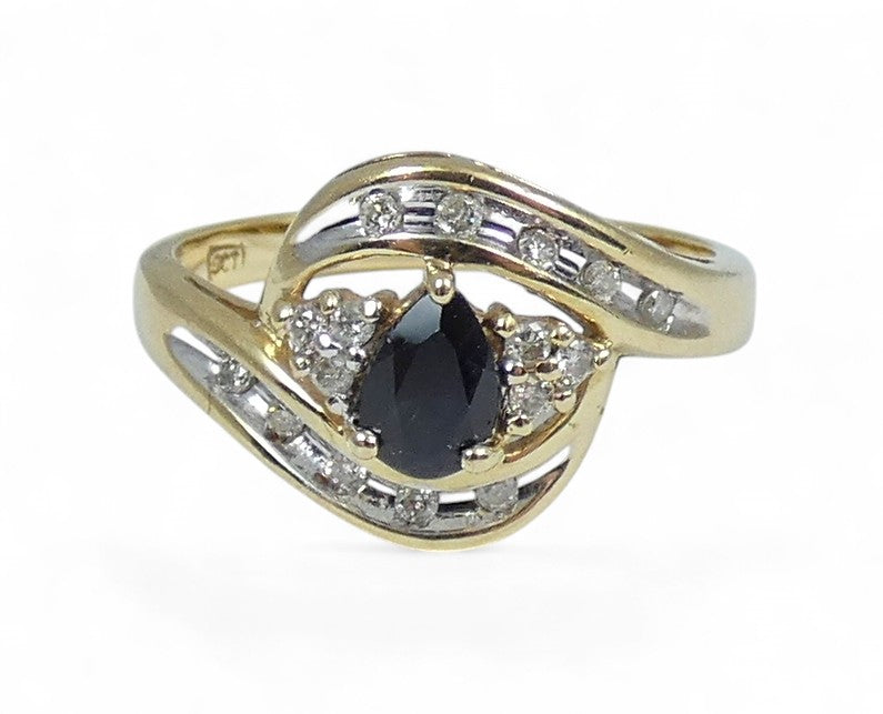 Solid 9ct Yellow Gold Pear Cut Blue Sapphire Diamond Cluster Dress Ring 7.5 O 55