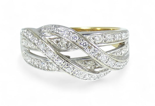 Solid 9ct Yellow White Gold 0.40ct Diamond Cluster Crossover Dress Ring 6.5 M 52