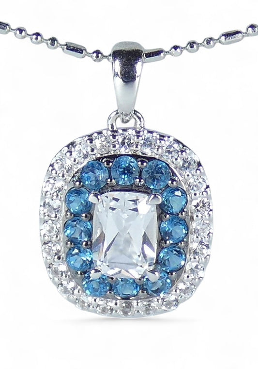 Modern Solid 9ct Gold White & Blue Topaz Cluster Necklace Pendant Cushion Cut