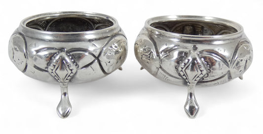 Antique Victorian 1868 Pair of Sterling Silver Cauldron Salt Cellars Bowls Cruet