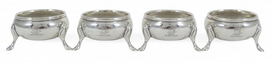 Antique Victorian 1882 Set of 4 Sterling Silver Cauldron Salt Cellars Bowl Cruet
