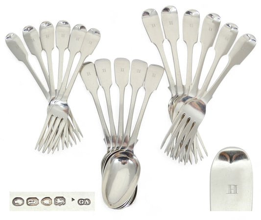 Antique Victorian 1856 Sterling Silver 6pl Cutlery Set Fiddle Back Fork Spoon GA