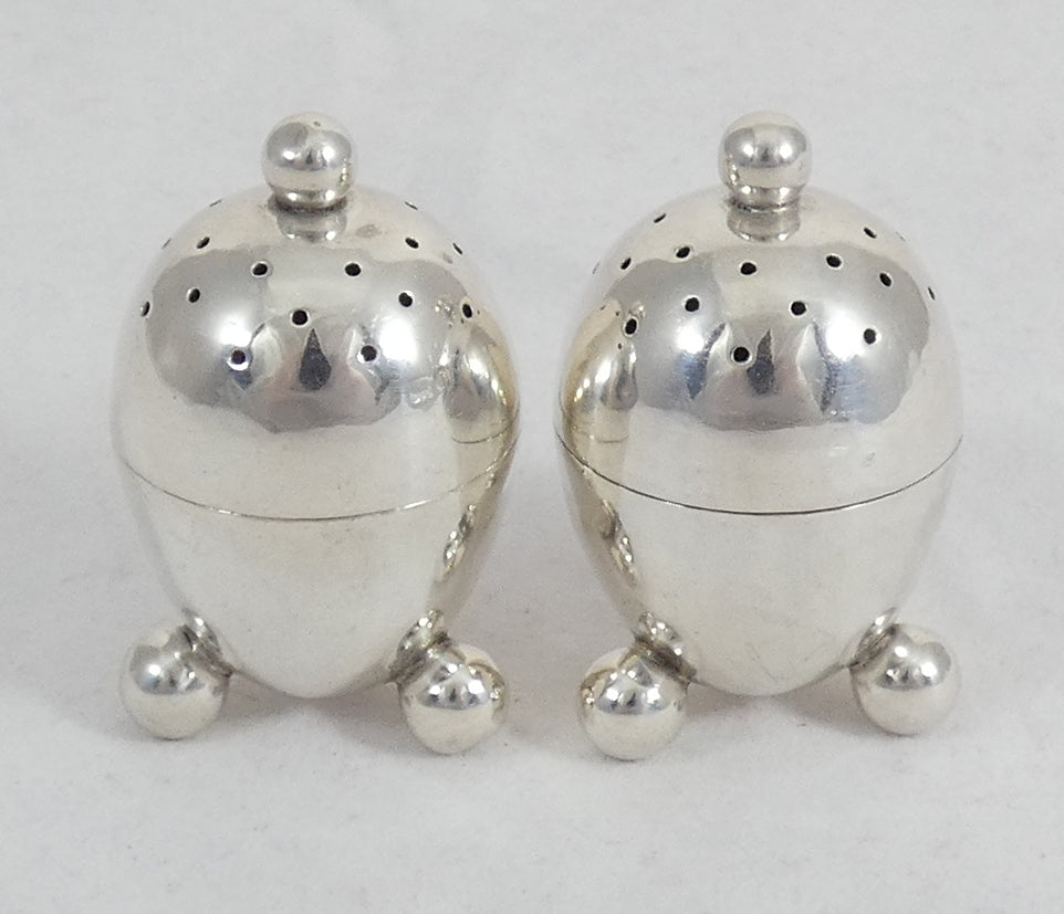 Antique Edwardian 1908 Pair of Novelty Egg Sterling Silver Pepper Pots Shakers