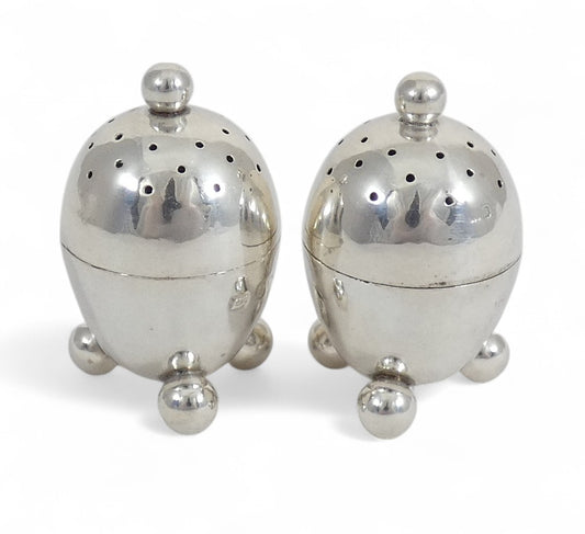 Antique Edwardian 1908 Pair of Novelty Egg Sterling Silver Pepper Pots Shakers