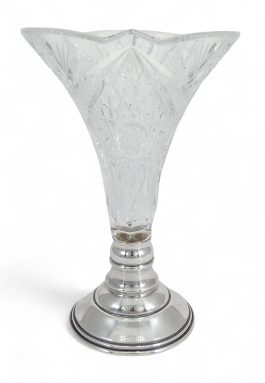 Vintage Hungarian Solid 800 Silver & Cut Crystal 19cm Flower Vase Sterling Glass