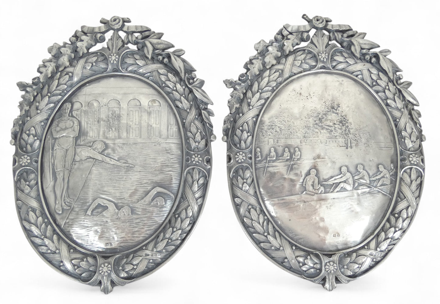 Antique Art Deco 1924 Pair Sterling Silver Large Plaques Swimming Rowing Sport