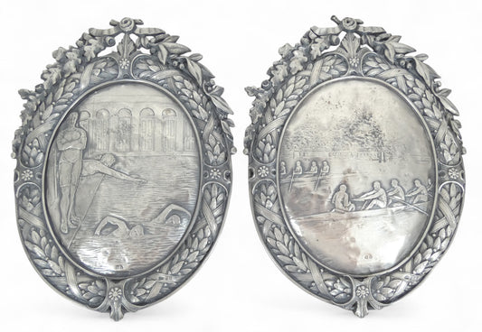 Antique Art Deco 1924 Pair Sterling Silver Large Plaques Swimming Rowing Sport