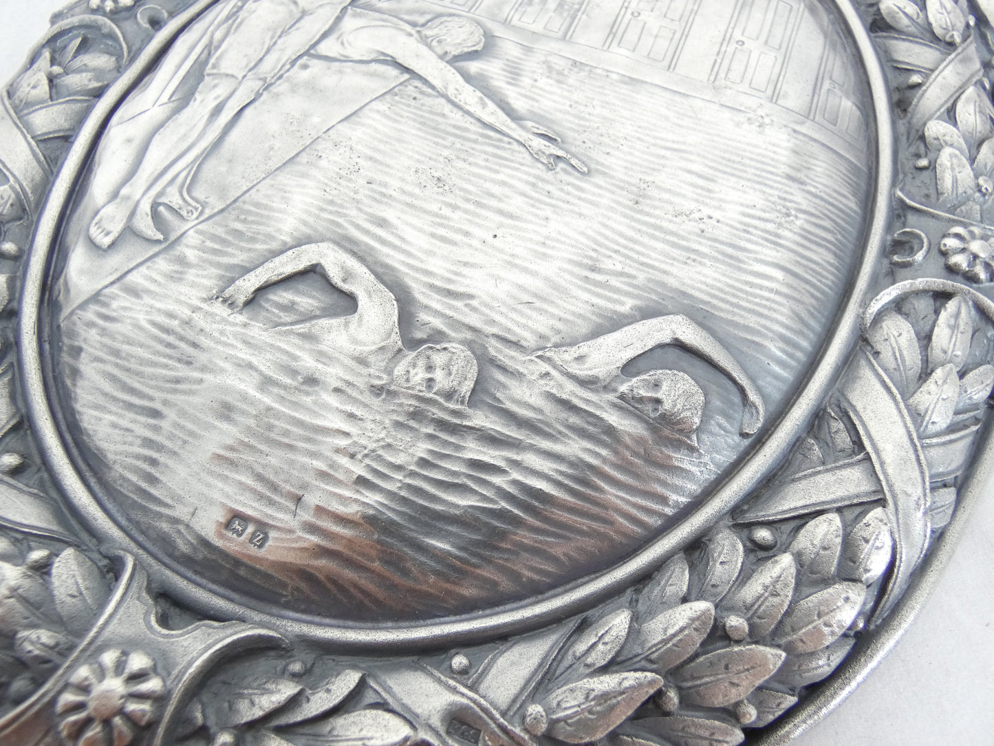 Antique Art Deco 1924 Pair Sterling Silver Large Plaques Swimming Rowing Sport