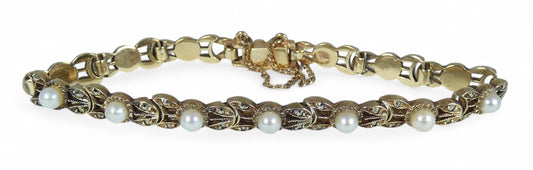 Vintage Heavy Solid 9ct Yellow Gold Pearl & Marcasite Panel Bracelet Chain 14gm