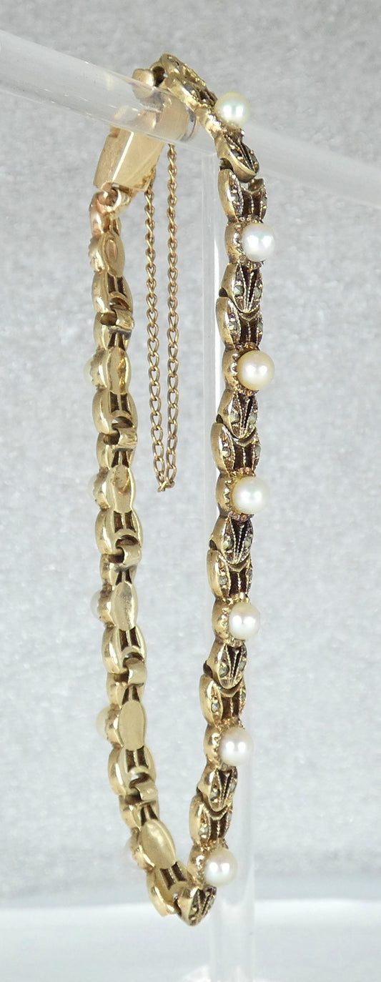 Vintage Heavy Solid 9ct Yellow Gold Pearl & Marcasite Panel Bracelet Chain 14gm