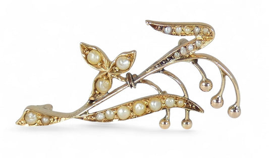 Antique Edwardian 1910 Solid 15ct Yellow Gold Pearl Lily of the Valley Brooch