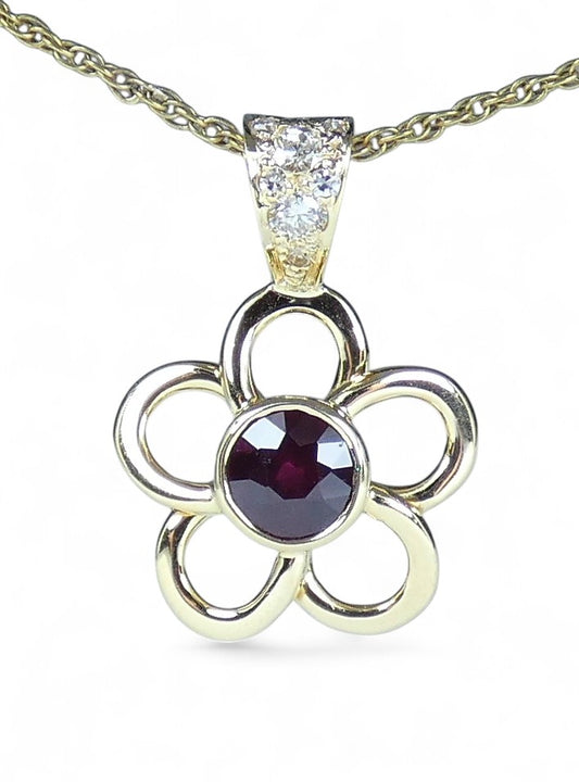 Solid 18ct Yellow Gold Rubellite Red Tourmaline Diamond Flower Necklace Pendant