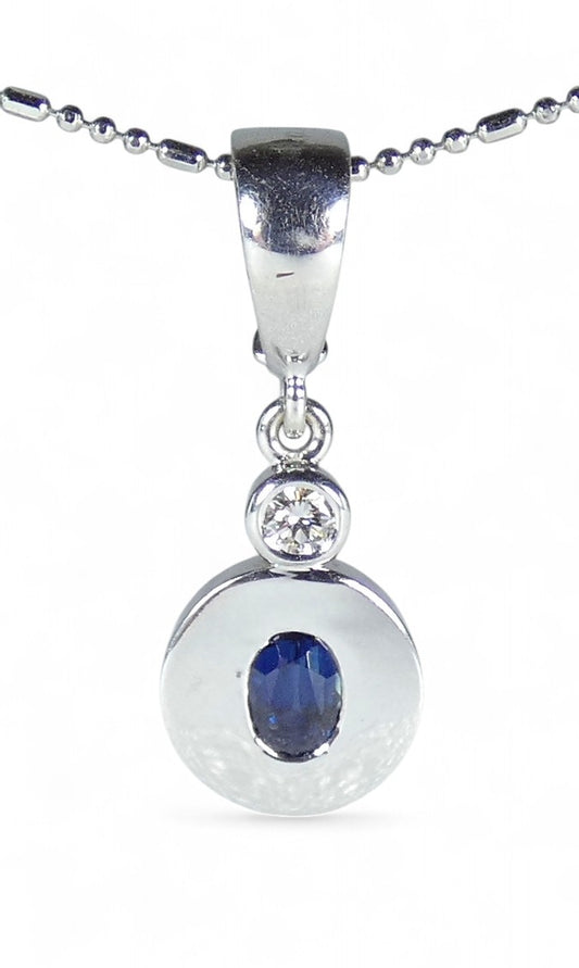 Solid 9ct White Gold Oval Blue Sapphire & Diamond Necklace Pendant Hinged Bail