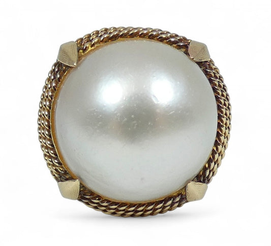 Vintage Solid 14ct Yellow Gold 17mm Mabe Pearl Cocktail Dress Ring Size 7 N 54