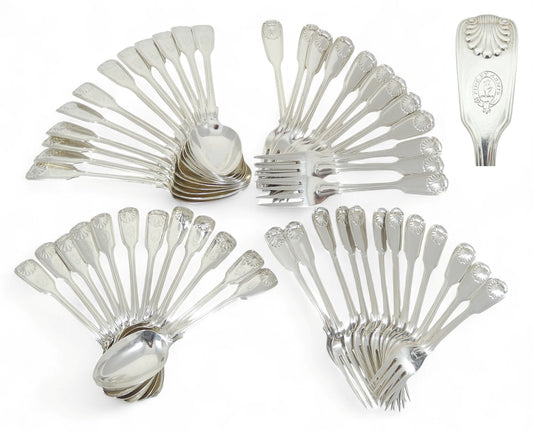 Antique Victorian 48pc Sterling Silver 12pl Cutlery Set Fiddle Thread & Shell